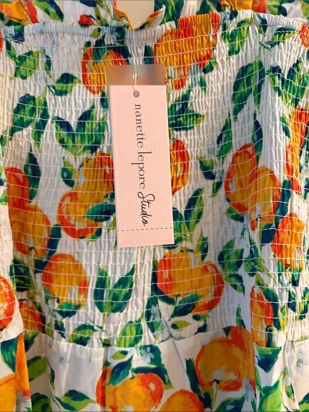 NWT Nanette Lepore Smocked Flutter Sleeve Midi Dress Orange Multi Print XL - Picture 2 of 6